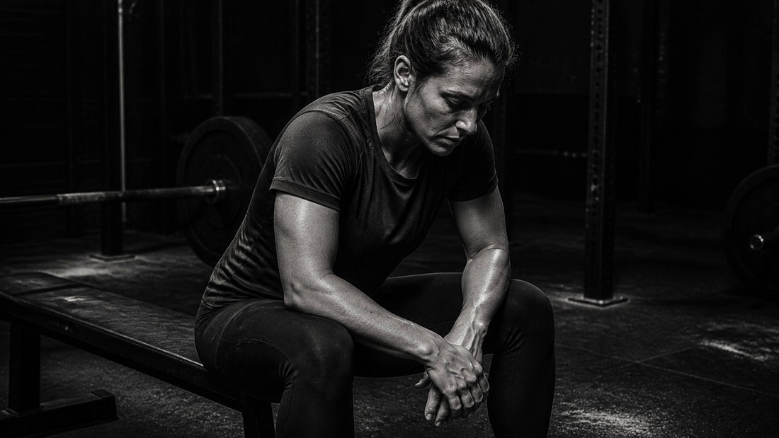 Tired athlete sitting on a gym bench after a difficult workout