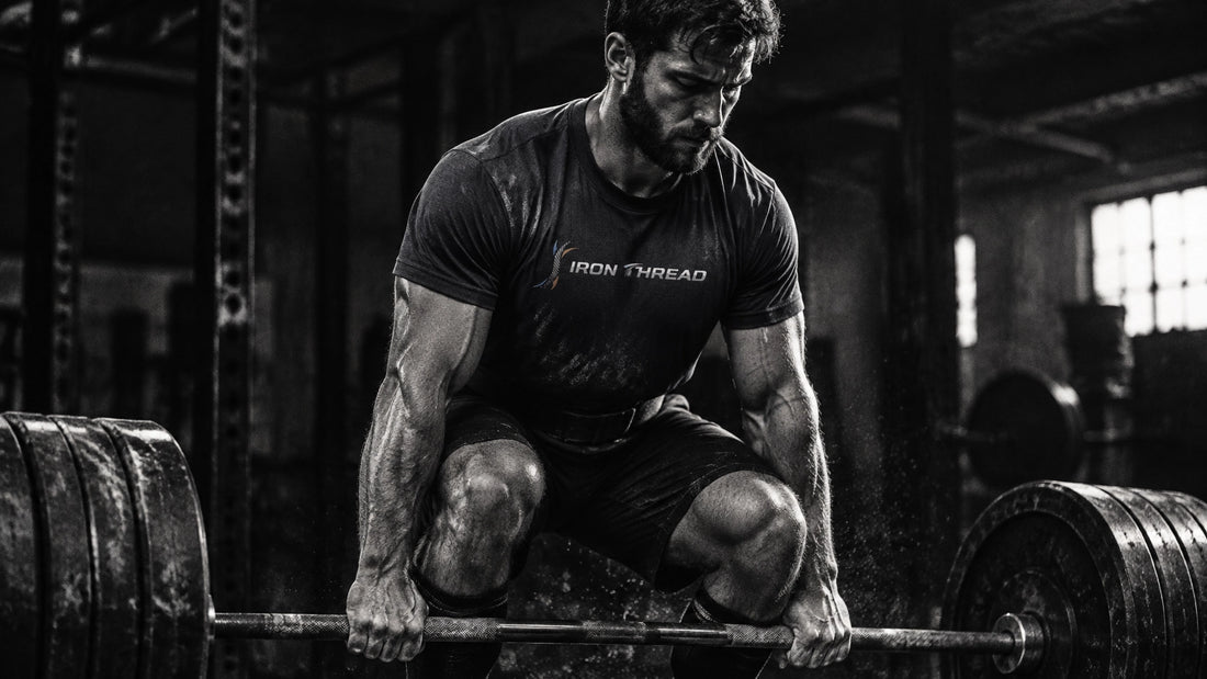 Lifter in identifiable Iron Thread performance apparel preparing for a heavy deadlift