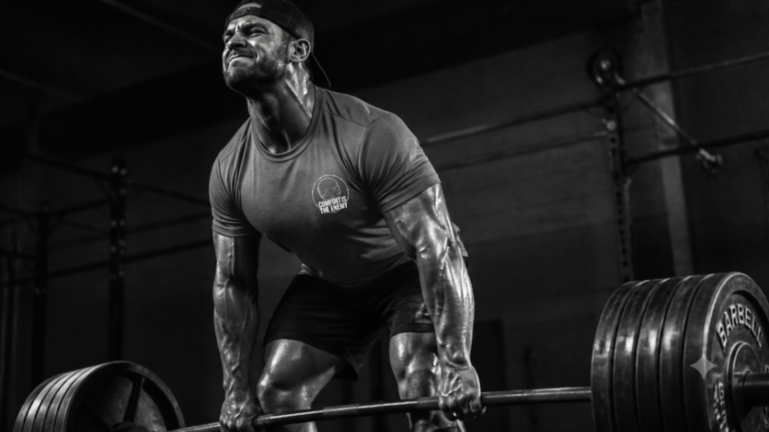 Gritty monochrome photograph of athlete lifting heavy barbell in industrial gym